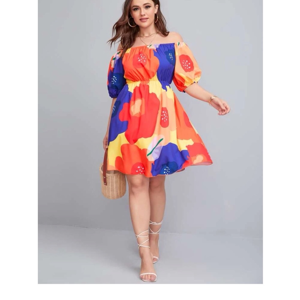 Large Floral Print. Bishop Sleeve. Bardot Dress. Multicolor 👗